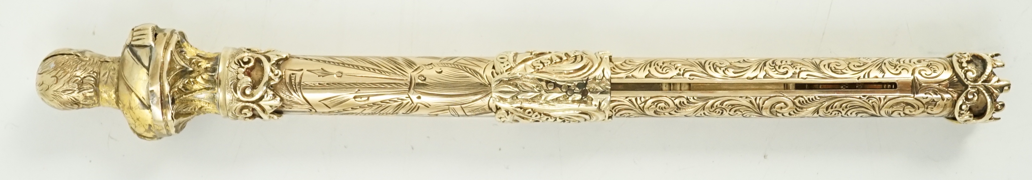 A Victorian chased 15ct gold telescopic pencil made by Sampson Mordan in 1852 in commemoration of the death of the Duke of Wellington